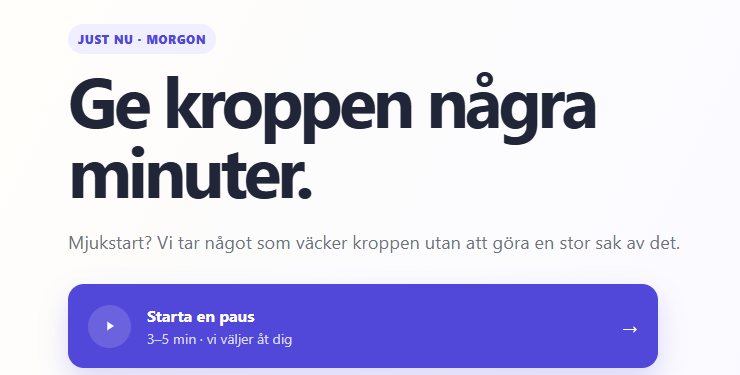 Aktivportalens medarbetarportal med en tydlig knapp för att starta en kort paus.