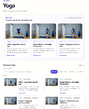 Aktivportalens Yoga-sida med tre utvalda pass och möjlighet att söka och filtrera.